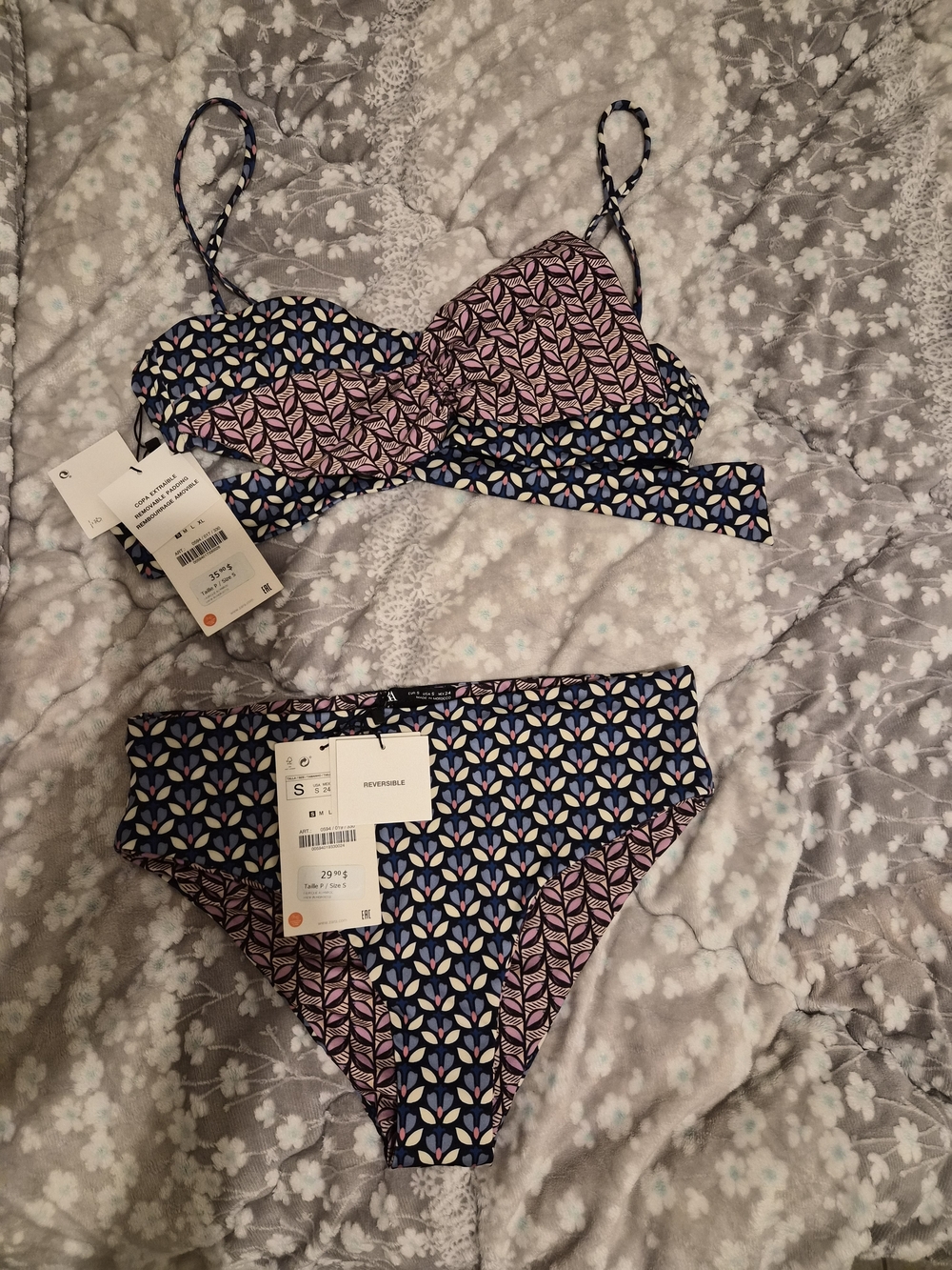 Zara Women's Reversible Patterned Bikini Set - Navy, Pink, Cream